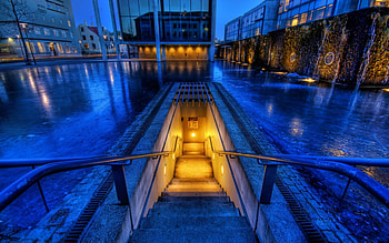 entrance to the underground through the ice r, stairs, city, r, underground, dusk, ice HD wallpaper
