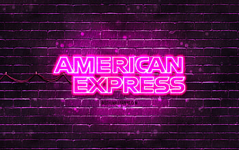 American Express purple logo, , purple brickwall, American Express logo, brands, American Express neon logo, American Express HD wallpaper