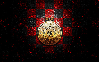 Portland Thorns FC, glitter logo, NWSL, red black checkered background, soccer, american football club, Portland Thorns logo, mosaic art, football, Portland Thorns HD wallpaper