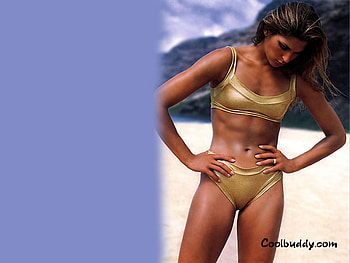 model, gold bikini, abs, brunette HD wallpaper