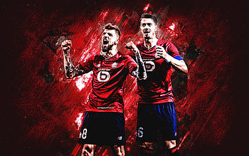 Lille OSC, Xeka, Jose Fonte, football players, red stone background, Xeka Lille, Ligue 1, football, France HD wallpaper