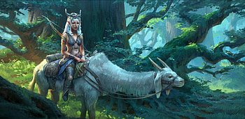 Forest rider, blue, jeremy fenske, art, girl, fantasy, green, luminos, creature, rider, forest HD wallpaper