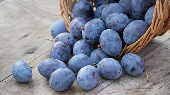 Overflowing plums, Basket full, Luscious fruits, Exquisite capture HD wallpaper