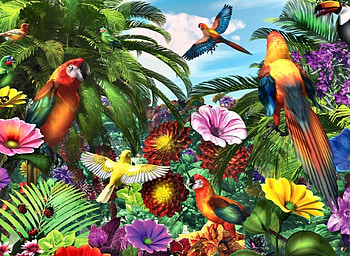Jungle Birds, colorful, birds, wildlife, trees, greenery, flowers, jungle HD wallpaper