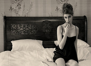 Forbidden desires, white, black, bed, sheets, woman, nightie, fruit, apple, gown, pillows HD wallpaper