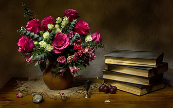 Rose Still Life, still life, books, bouquet, roses HD wallpaper