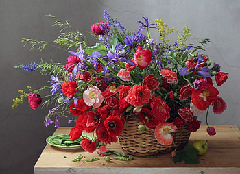 Nature blossom, Apple, Basket, Poppies, Peas, Flowers HD wallpaper