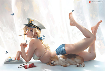 :), nap, dog, fantasy, gtz, gtzart, girl, hat, caine, art HD wallpaper