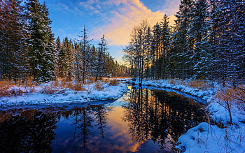 Arvika, Sweden, river, scandinavia, snow, clouds, trees, sky, forest, sunset HD wallpaper