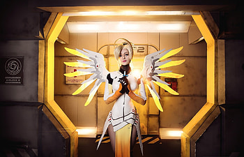 Overwatch, online game, mercy, cosplay, girl model HD wallpaper