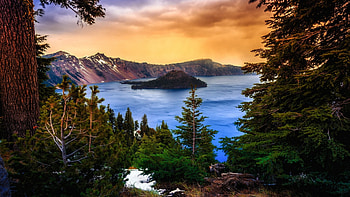 Beautiful Morning at Crater Lake, Oregon, landscape, clouds, colors, trees, sky, rocks, usa, sunrise HD wallpaper