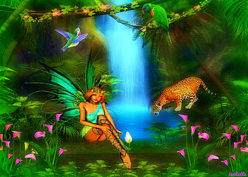In the Heart of the Jungle , Bird, Parrot, Trees, Jaguar, Plants, Wildness, Fantasy, Fairy, Flowers, Waterfall, Jungle, Birds HD wallpaper