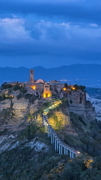Lazio, Civita di Bagnoregio, Blue hour, Windows 10 spotlight HD phone wallpaper