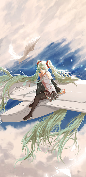 Hatsune Miku, sky, green hair, twintails, long hair, Hatsune Miku, Anime, Vocaloid, Sky Anime HD phone wallpaper