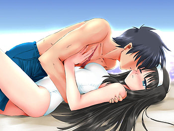 Shiki & Akiha, akiha, white, tohno, shiki, girl, long hair, beach, swimsuit, anime, boy, game, tsukihime, blush, trunks HD wallpaper