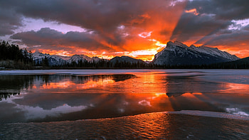Alberta, Canada, Water, Mountains, Nature, Clouds, Sunset HD wallpaper