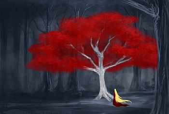 A Little Color In The Dark Forest, blonde, red, forest, woman, tree HD wallpaper