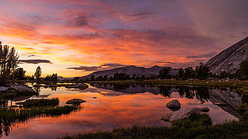 Yosemite National Park, California, dawn, clouds, water, mountains, rocks, lake, usa, evening, reflections HD wallpaper
