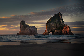 New Zealand, beach, arc, cliff, sunset HD wallpaper