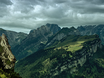 Superb Mountains, scene, clouds, trees, view, nature, jungle, sky, mountains, forest HD wallpaper