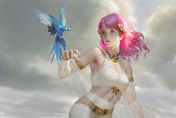 Girl with blue parrot, lunya, wings, frumusete, bird, art, pasare, lun ya, hand, summer, pink, fantasy, luna, luminos, parrot HD wallpaper