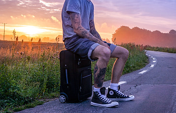 Sunset, Miscellanea, Miscellaneous, Man, Tattoo, Tattoos, Suitcase HD wallpaper