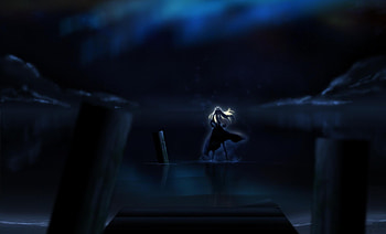 Tsukiumi, night, skirt, long hair, dark, anime girl, lone, anime, wharf, sekirei, blonde hair, water, solo, female HD wallpaper