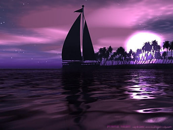 Purple Night, sea, boat, moon, clouds, sky, sailboat HD wallpaper