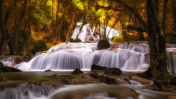 Tropical Waterfall, trees, cascades, river, rocks, forest HD wallpaper