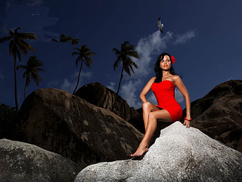 Lonely girl in red, red, stone, nature, girl, lonely, woman HD wallpaper