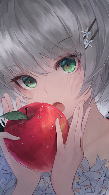 Original Silver-haired Anime: Green Eyes & Red Apple — , grey hair, apple, green eyes, Anime, Original HD phone wallpaper
