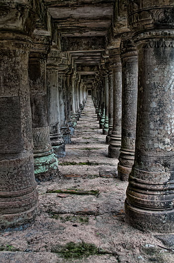 Captivating view of the ancient stone pillars in Angkor Wat, showcasing historic architecture. HD phone wallpaper