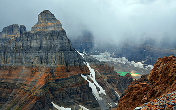 Snow on Canyon Floors, shapes, white, cloudy, rock, fog, gray, brown, snow, canyon, level, nature, sky HD wallpaper
