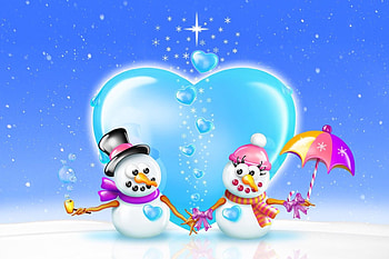 Snowmen in Love, sweet, winter, Snowman, colors, Cute, love, snow, scarfs, christmas, heart, Digital art, hats HD wallpaper