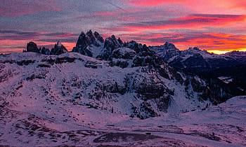 Nature, Sunset, Snow, Mountain, Vertex, Tops, Mountain Range, Massif, Tre Cime Di Lavaredo, Tre-Chime Di Lavaredo HD wallpaper