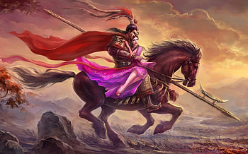 Fantasy couple, horse, asian, fantays, art, man, knight, girl, armor, pink, samurai, red, couple HD wallpaper