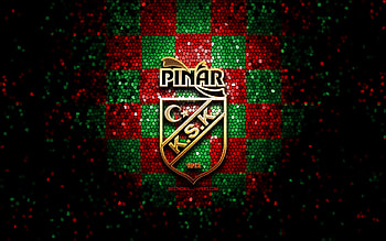 Pinar Karsiyaka, glitter logo, Basketbol Super Ligi, red green checkered background, basketball, turkish basketball team, Pinar Karsiyaka logo, mosaic art, Turkey, Karsiyaka Basket HD wallpaper