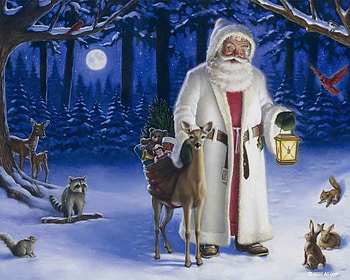 Santa, craciun, art, man, raccoon, bunny, old, painting, christmas, deer, pictura, forest, squirrel, night, animal, blue, moon, white, lantern HD wallpaper