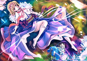 touhou, alicia, girls, flowers, aqua, dress, yelow hair HD wallpaper