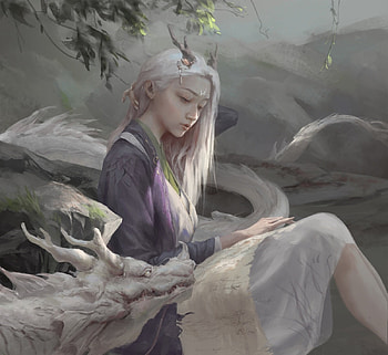 Girl and dragon, blue, frumusete, white, art, fantasy, zhang shu, dragon, girl HD wallpaper