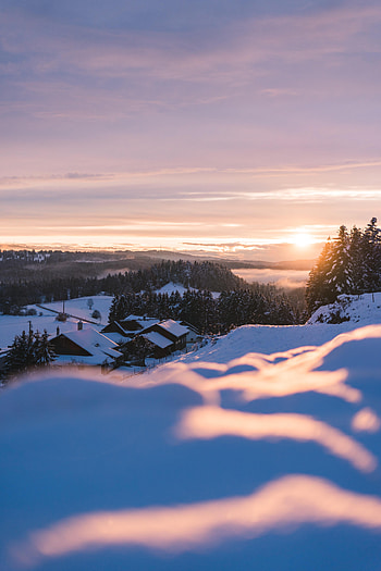 Landscape, Winter, Nature, Houses, Sunset, Mountains, Snow HD phone wallpaper
