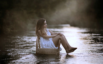 Cooling Off After a Hot Day, chair, river, model, brunette, dress HD wallpaper