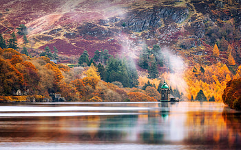 Elan Valley, , Rhayader, River Elan, autumn, morning, fog, mountain landscape, yellow trees, Powys, Wales HD wallpaper