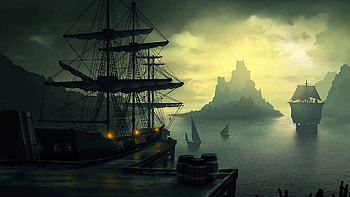 old ship, Ship, Barrels, Clouds, Sailing, Lantern, Sun, Island, Bay, Dock / and Mobile Backgrounds HD wallpaper