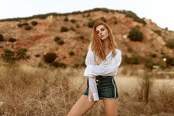 Redhead in a Denim Mini Skirt, skirt, outdoors, redhead, model HD wallpaper