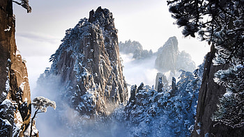 Snowy Peaks, winter, hills, peaks, beautiful, pines, mist, north, season, fog, snow, trees, nature, mountains HD wallpaper