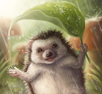 Hedgehog, umbrella, rain, summer, fantasy, green, natalia kolchina, arici, leaf, vara HD wallpaper
