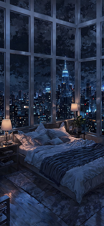 Nighttime Cityscape Bedroom – Serene Urban , cityscape, night, building, bedroom HD phone wallpaper