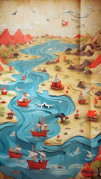 Adventure Awaits: Treasure Map, paper art, river, boat, landscape, mountain HD phone wallpaper