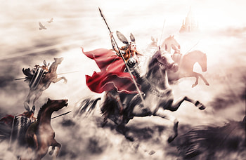 Warrior girl, horse, girl, woman, fantasy, battle, red, game, luminos, warrior HD wallpaper